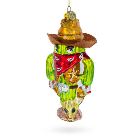Western Cowboy Cactus Blown Glass Christmas Ornament in Multi color