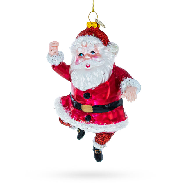 Santa Boogying in Festive Red Attire - Blown Glass Christmas Ornament in Red color,  shape