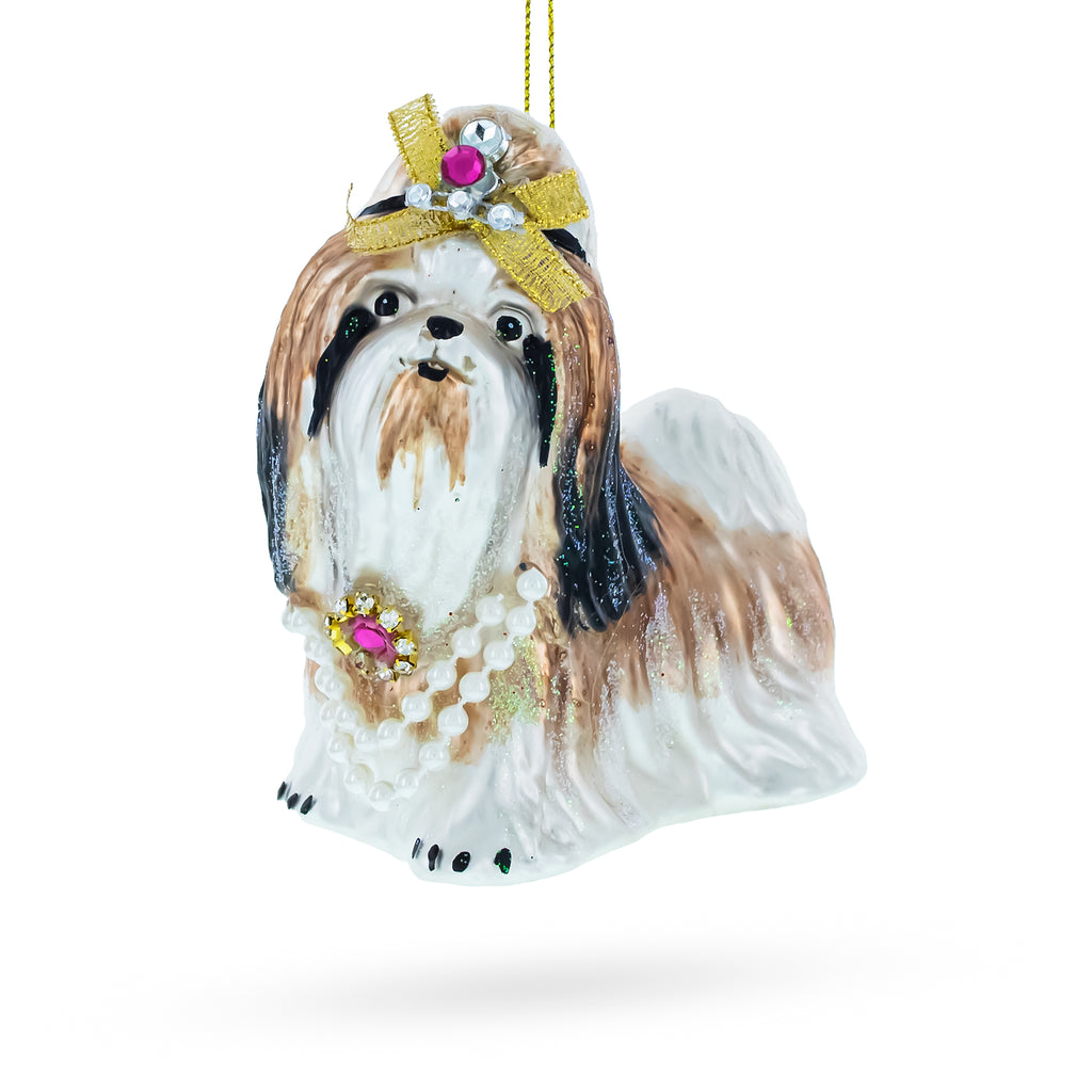 Shih Tzu with Pearls Glass Christmas Ornament in Multi color Figurine