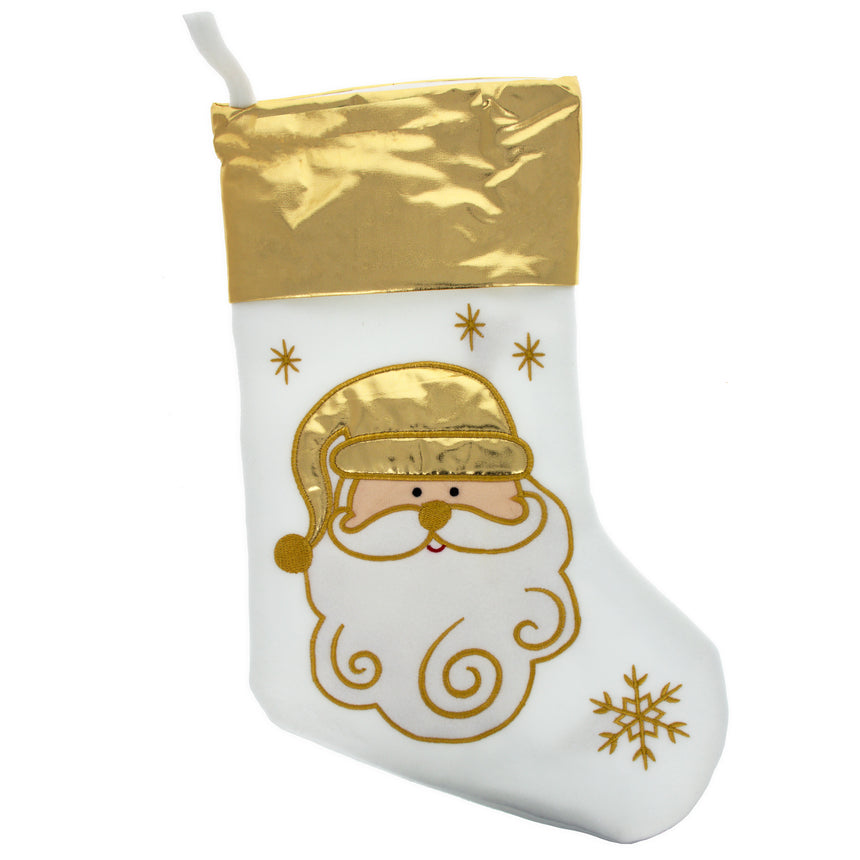 Set of 3 Gold and Silver, on White Felt Santa, Reindeer Christmas Stockings 15 Inches , dimensions in inches: 15 x 12 x 1