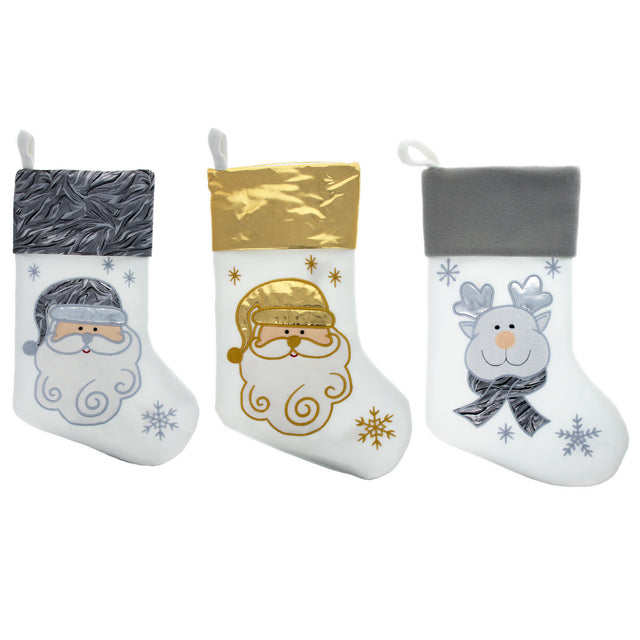 Set of 3 Gold and Silver, on White Felt Santa, Reindeer Christmas Stockings 15 Inches in White color,  shape