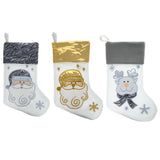 Fabric Set of 3 Gold and Silver, on White Felt Santa, Reindeer Christmas Stockings 15 Inches in White color