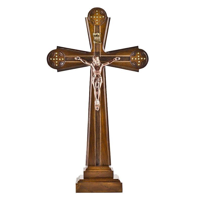 Wood Carved Ukrainian Wooden Standing Crucifix 12 Inches in Brown color