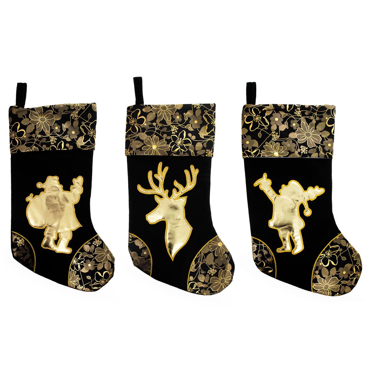 Set of 3 Felt Santa, Reindeer Christmas Stockings 16 Inches in Black color,  shape