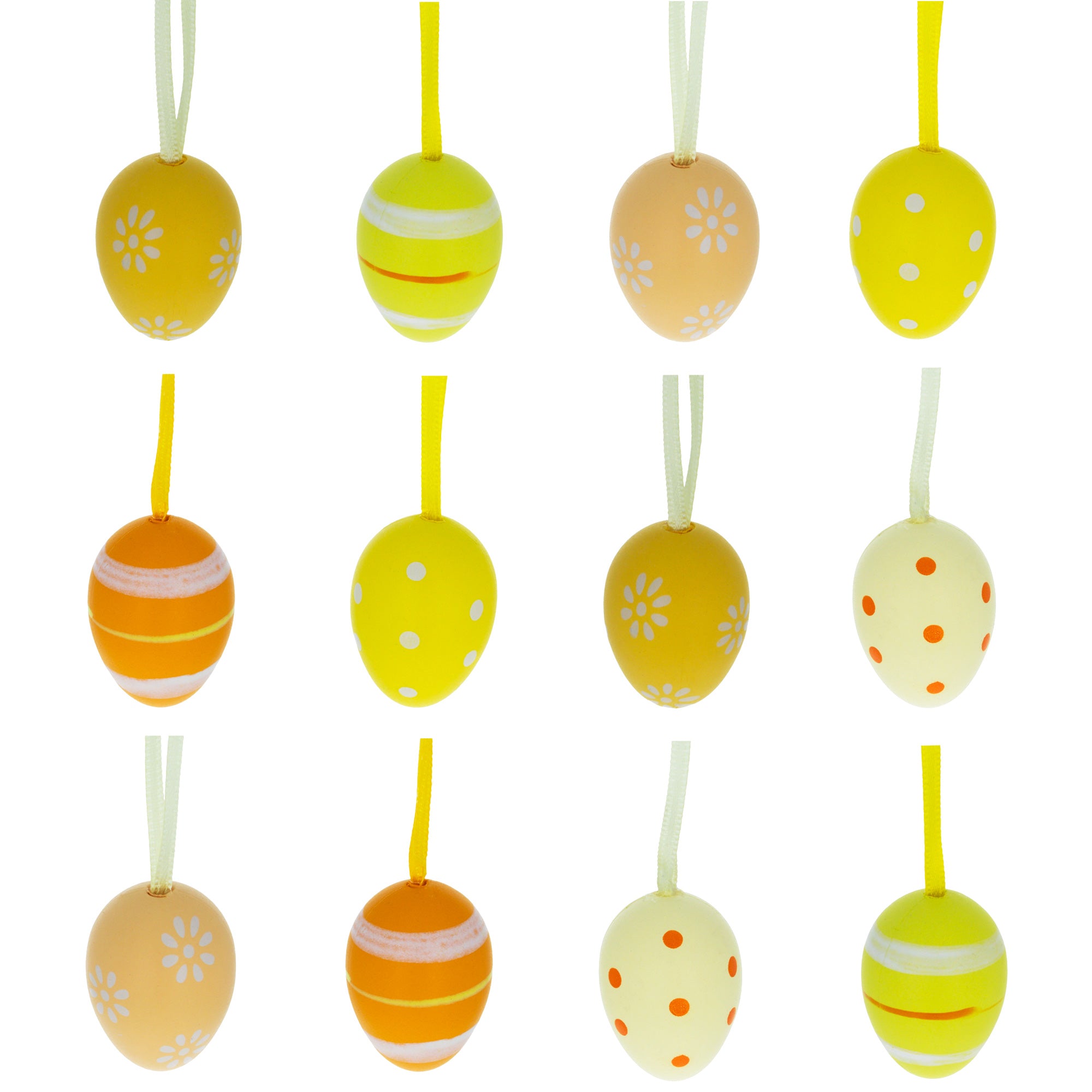 Set of 12 Miniature Pastel Yellow Polka Dot, Flowers, Stripes Plastic Easter Egg Ornaments 1.5 Inches in Gold color Oval