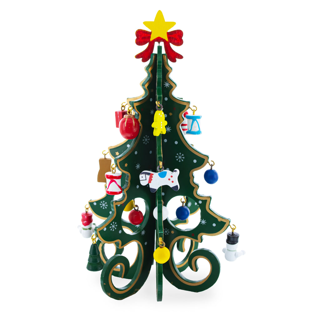 Wooden Tabletop Christmas Tree with Cute Miniature German Style Wooden Ornaments 7.5 Inches in Green color Triangle
