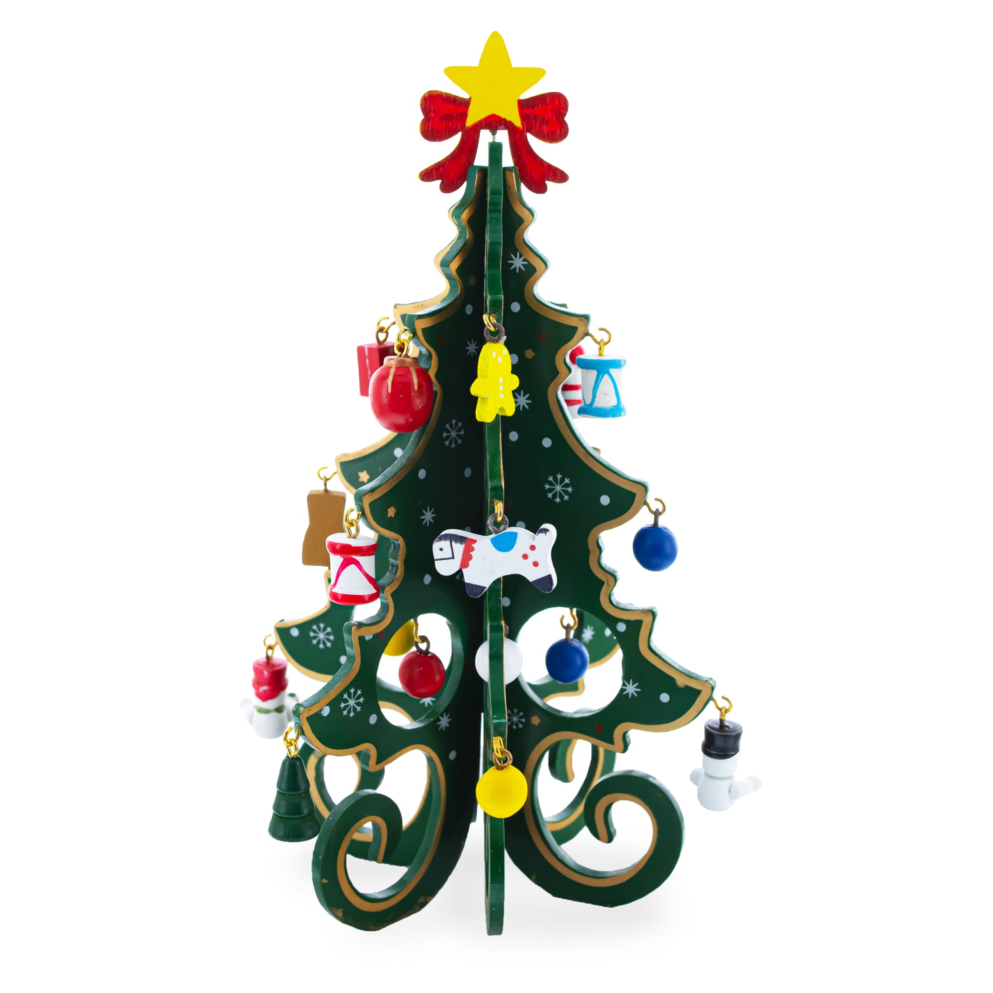Wooden Tabletop Christmas Tree with Cute Miniature German Style Wooden Ornaments 7.5 Inches in Green color Triangle