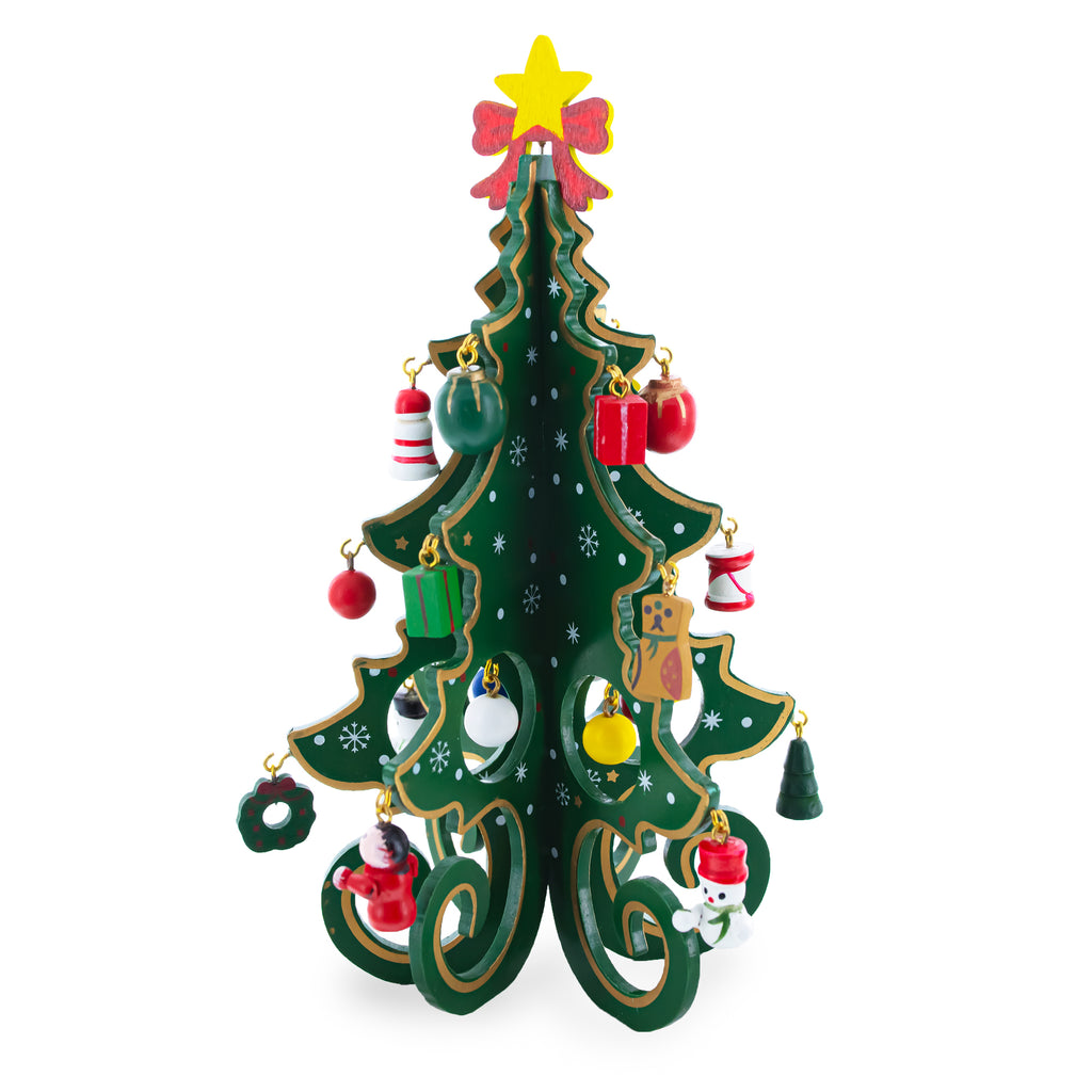 Wooden Tabletop Christmas Tree with Cute Miniature German Style Wooden Ornaments 7.5 InchesChina , dimensions in inches: 7.5 x 7.5 x 4.6