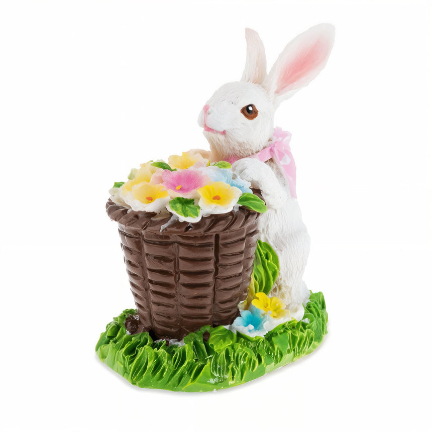 Bunny with Easter Basket full of Flowers 3 Inches in White color