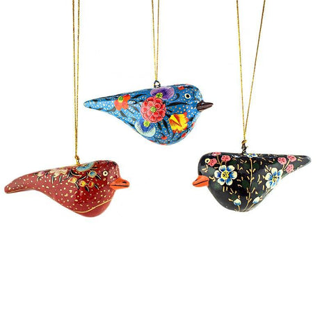 Set of 3 Red, Blue and Black Birds Wooden Christmas Ornaments 3.5 Inches Long in Multi color,  shape