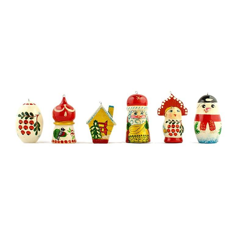 Wood 6 Mixed Wooden Christmas Ornaments in Multi color