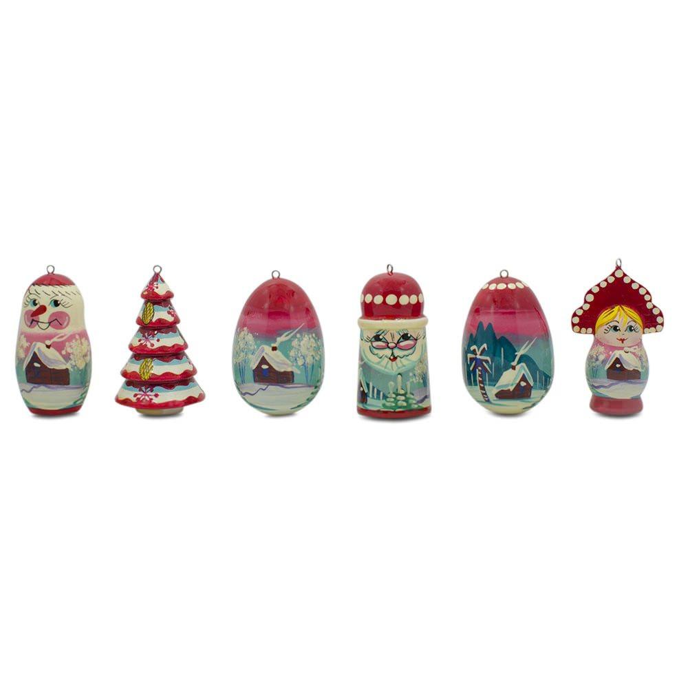 6 Christmas Tree, Snowman, Santa, Village House, Wooden Doll Christmas Ornaments in Multi color Figurine