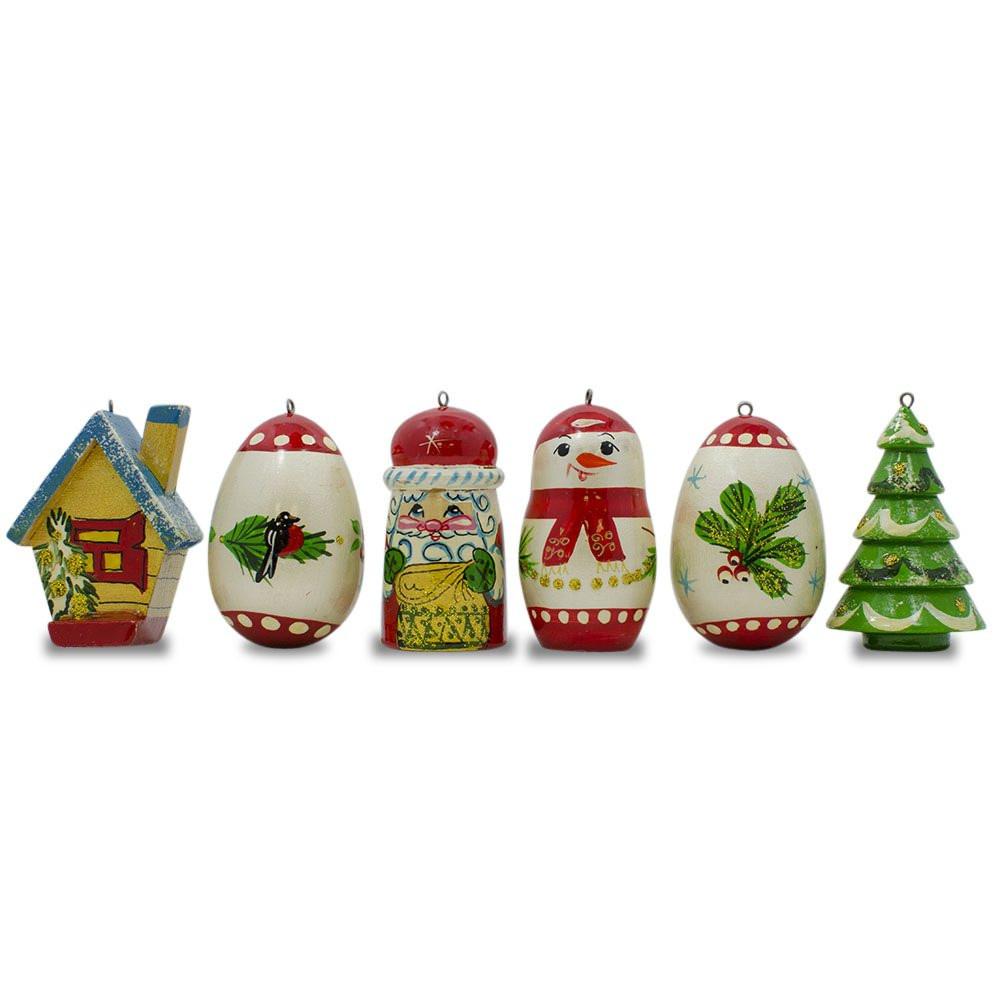 Wood 6 Hand Painted Wooden Christmas Ornaments 2.25 Inches in Multi color