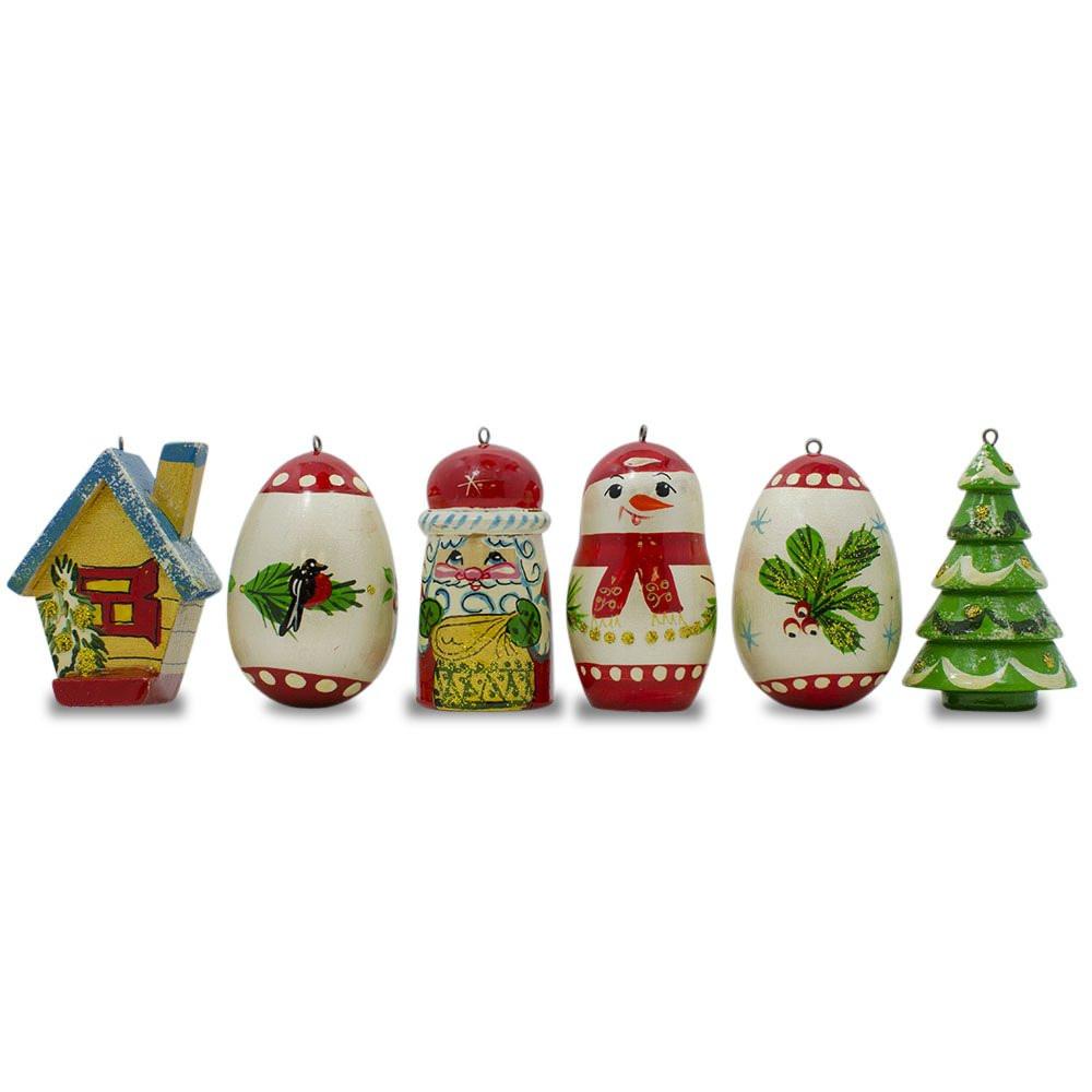 6 Hand Painted Wooden Christmas Ornaments 2.25 Inches in Multi color Figurine