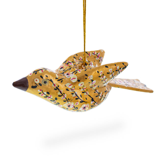 6-Inch Long Golden Bird Christmas Ornament, Hand Painted Wooden Decoration in  color