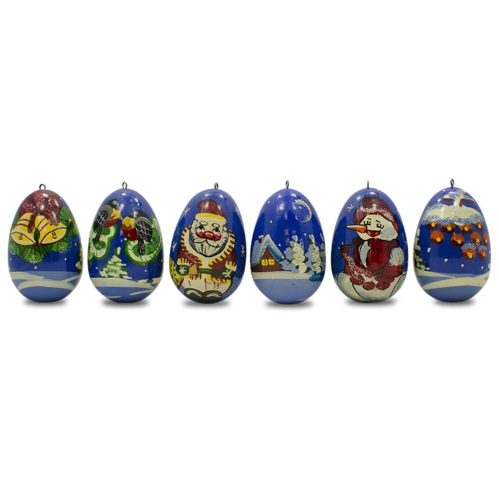 6 Santa with Snowman and Birds Wooden Christmas Ornaments 2.25 Inches in Multi color Oval
