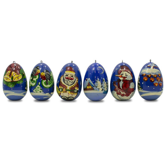 6 Santa with Snowman and Birds Wooden Christmas Ornaments 2.25 Inches in  color Oval