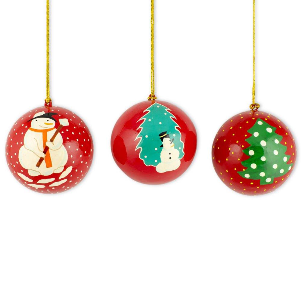 Set of 3 Snowmen and Christmas Tree Wooden Christmas Ball Ornaments in Multi color, Round shape