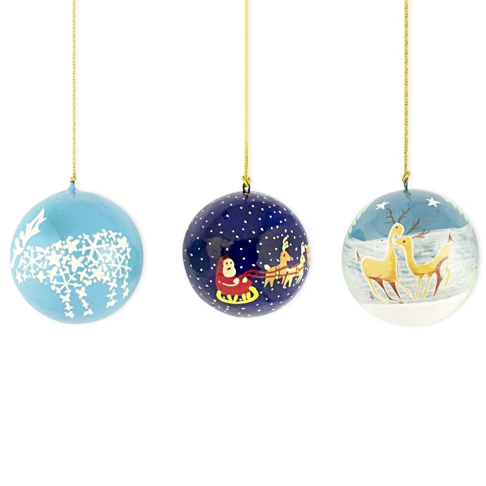 3 Santa and Reindeer Wooden Christmas Ball Ornaments in Multi color, Round shape