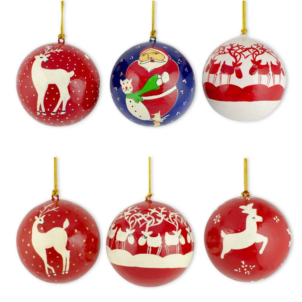 Wood Set of 6 Santa and Reindeer Wooden Christmas Ball Ornaments in Multi color Round