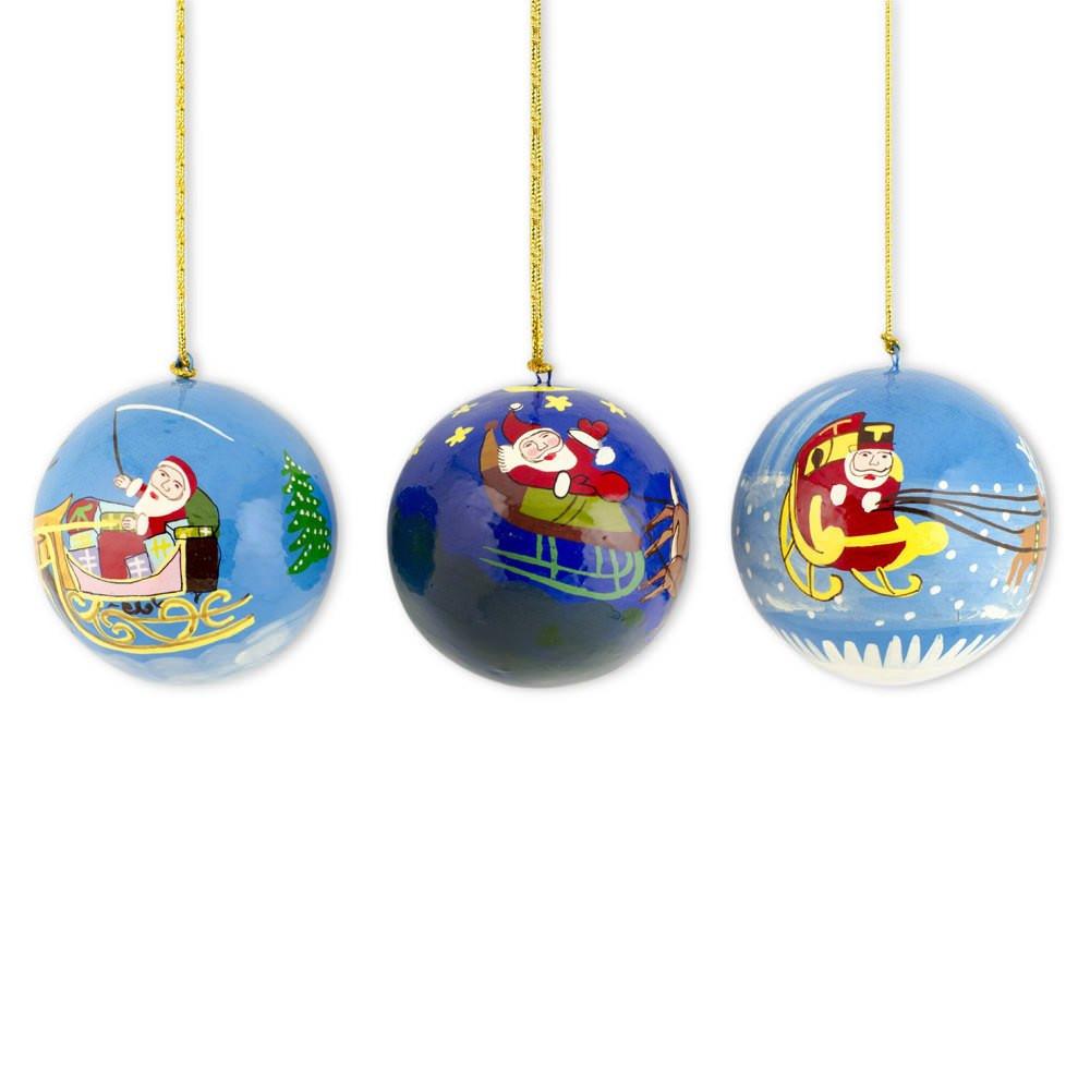 Set of 3 Santa Sleigh and Reindeer Wooden Christmas Ball Ornaments in Multi color Round