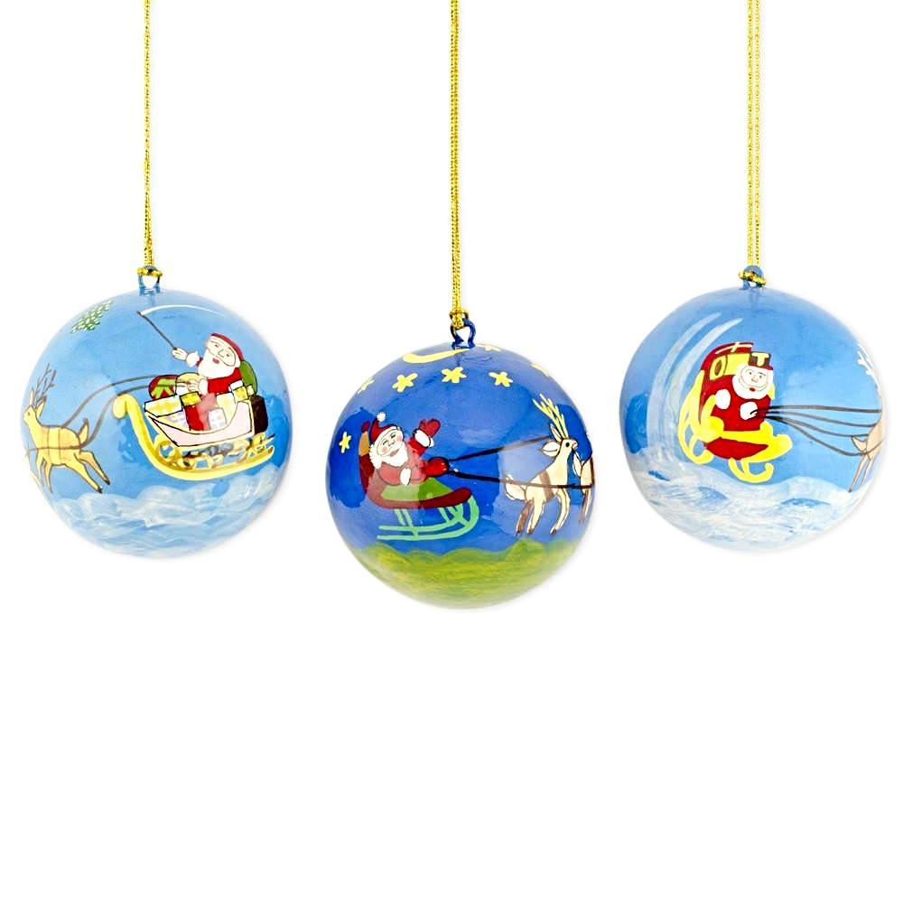 Set of 3 Santa Sleigh and Reindeer Wooden Christmas Ball Ornaments in Multi color, Round shape