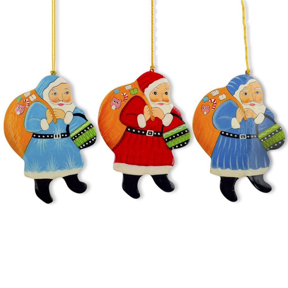 Set of 3 Santa Claus with Gifts Wooden Christmas Ornaments in Multi color Figurine