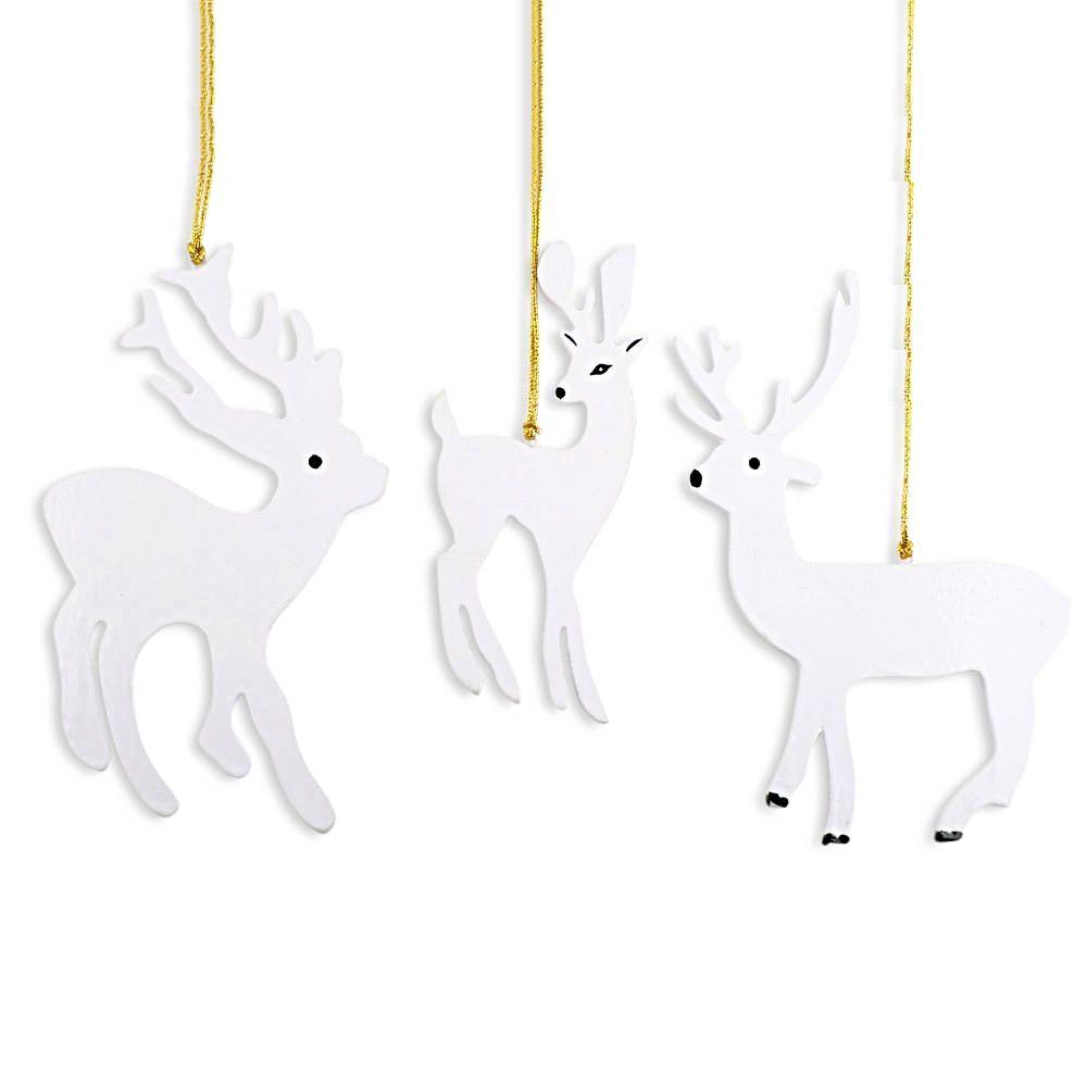Set of 3 White Deer Wooden Christmas Ornaments 7 Inches in White color Figurine