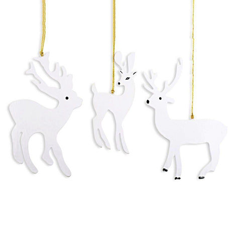 Wood Set of 3 White Deer Wooden Christmas Ornaments 7 Inches in White color