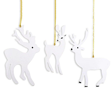 Set of 3 White Deer Wooden Christmas Ornaments 7 Inches in White color