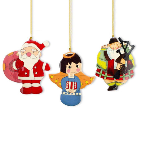 Scottish Bagpiper, Angel & Santa Wooden Christmas Ornaments in Multi color,  shape