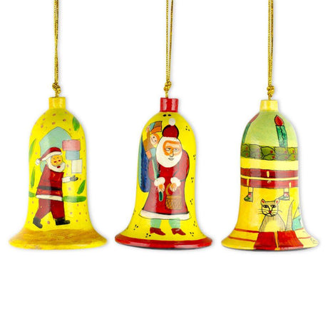 Wood Set of 3 Santa Wooden Bell Christmas Ornaments in Multi color
