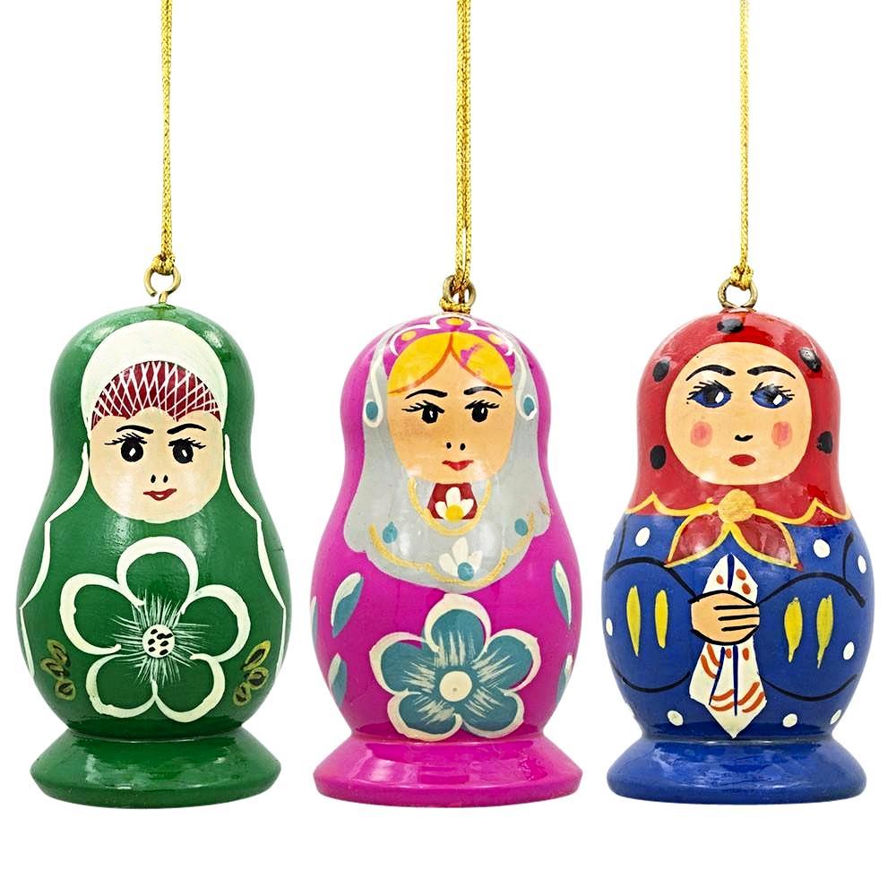 Wood 3 Dolls Matryoshka Wooden Christmas Ornaments in Multi color