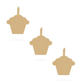 3 Cupcakes with Candles Unfinished Wooden Shapes Craft Cutouts DIY Unpainted 3D Plaques 4 Inches in Beige color