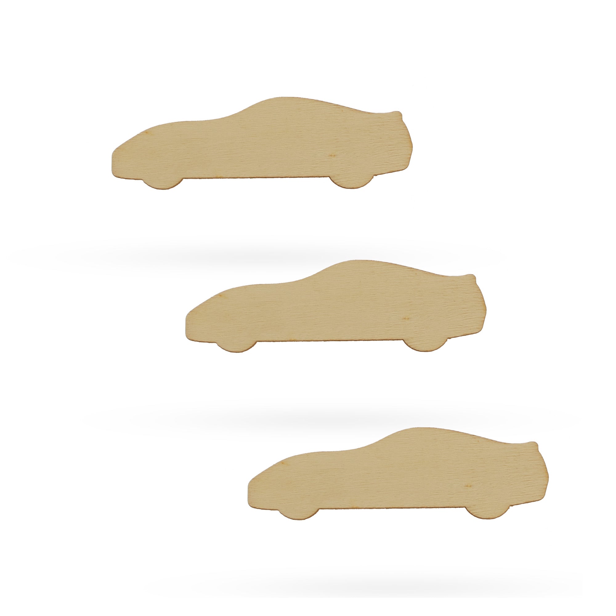 3 Race Cars Unfinished Wooden Shapes Craft Cutouts DIY Unpainted 3D Plaques 4 Inches in Beige color