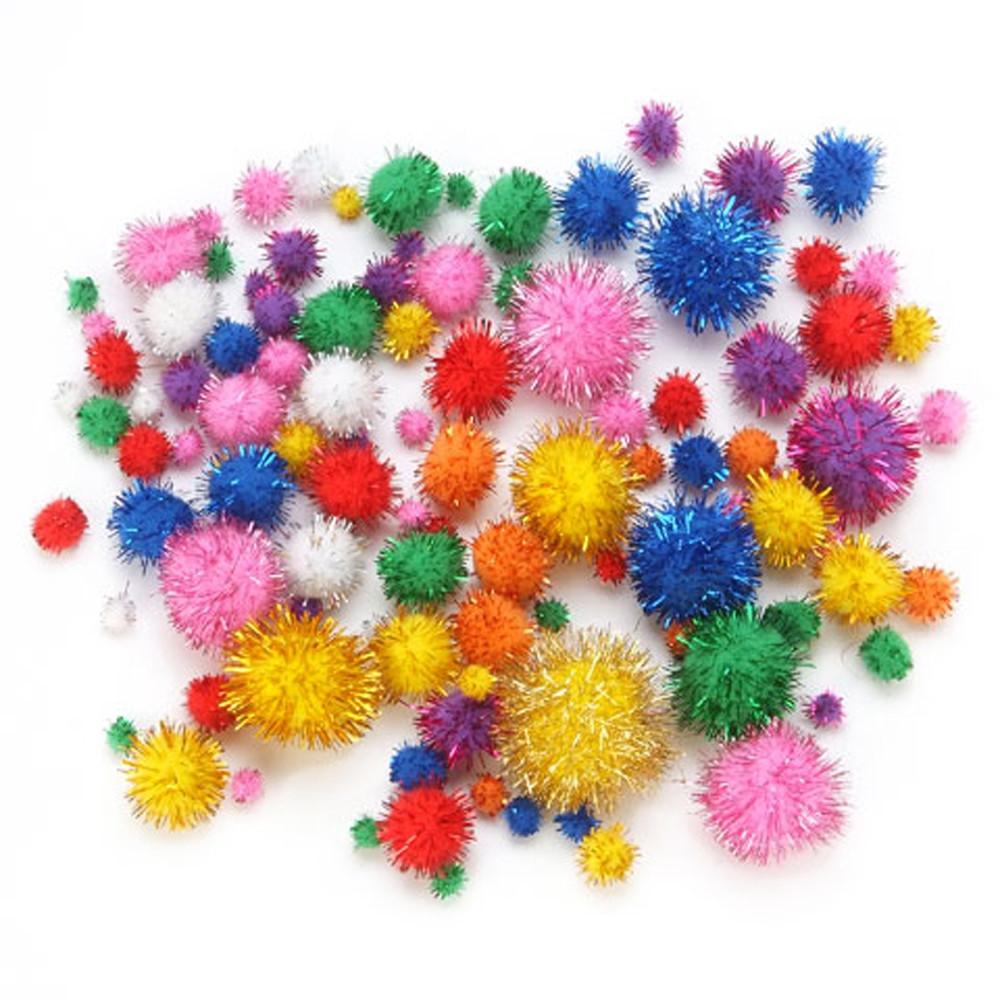 Set of 100 Assorted Size Multicolored Fluffy Pom Poms in Multi color
