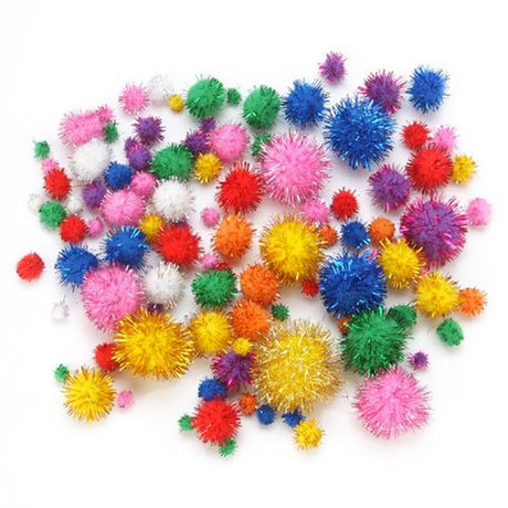Fabric Set of 100 Assorted Size Multicolored Fluffy Pom Poms in Multi color