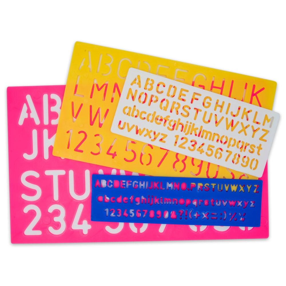 Plastic Set of 4 Stencil Templates with Letters and Numbers 9.75 Inches in Multi color Rectangular
