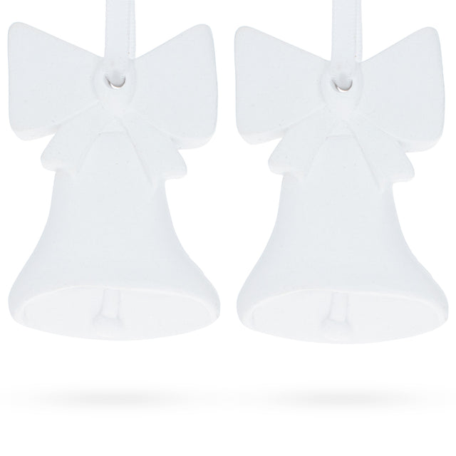 Set of 2 Blank Unfinished White Plaster Bells With Bows Christmas Ornaments DIY Craft 3.3 Inches in White color,  shape