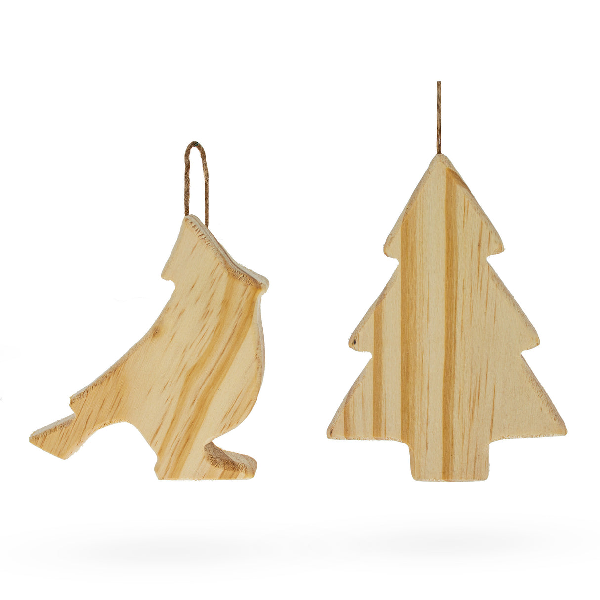 Set of 2 Unfinished Unpainted Wooden Bird and Christmas Tree Ornaments Cutouts DIY Craft 4.5 Inches in Beige color, Triangle shape