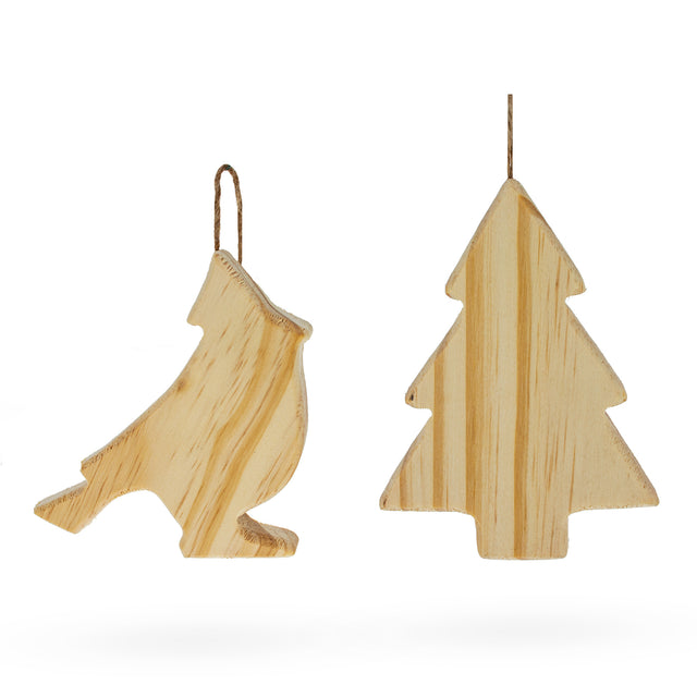 Set of 2 Unfinished Unpainted Wooden Bird and Christmas Tree Ornaments Cutouts DIY Craft 4.5 Inches in Beige color Triangle