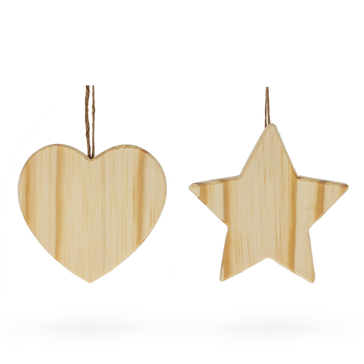 Set of 2 Unfinished Unpainted Wooden Heart and Star Christmas Ornaments Cutouts DIY Craft 4.25 Inches in Beige color, Star shape