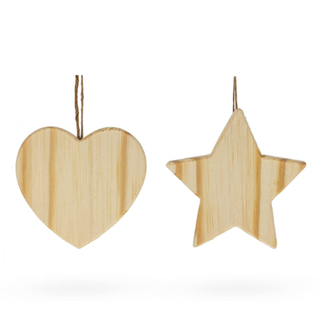 Wood Set of 2 Unfinished Unpainted Wooden Heart and Star Christmas Ornaments Cutouts DIY Craft 4.25 Inches in Beige color Star