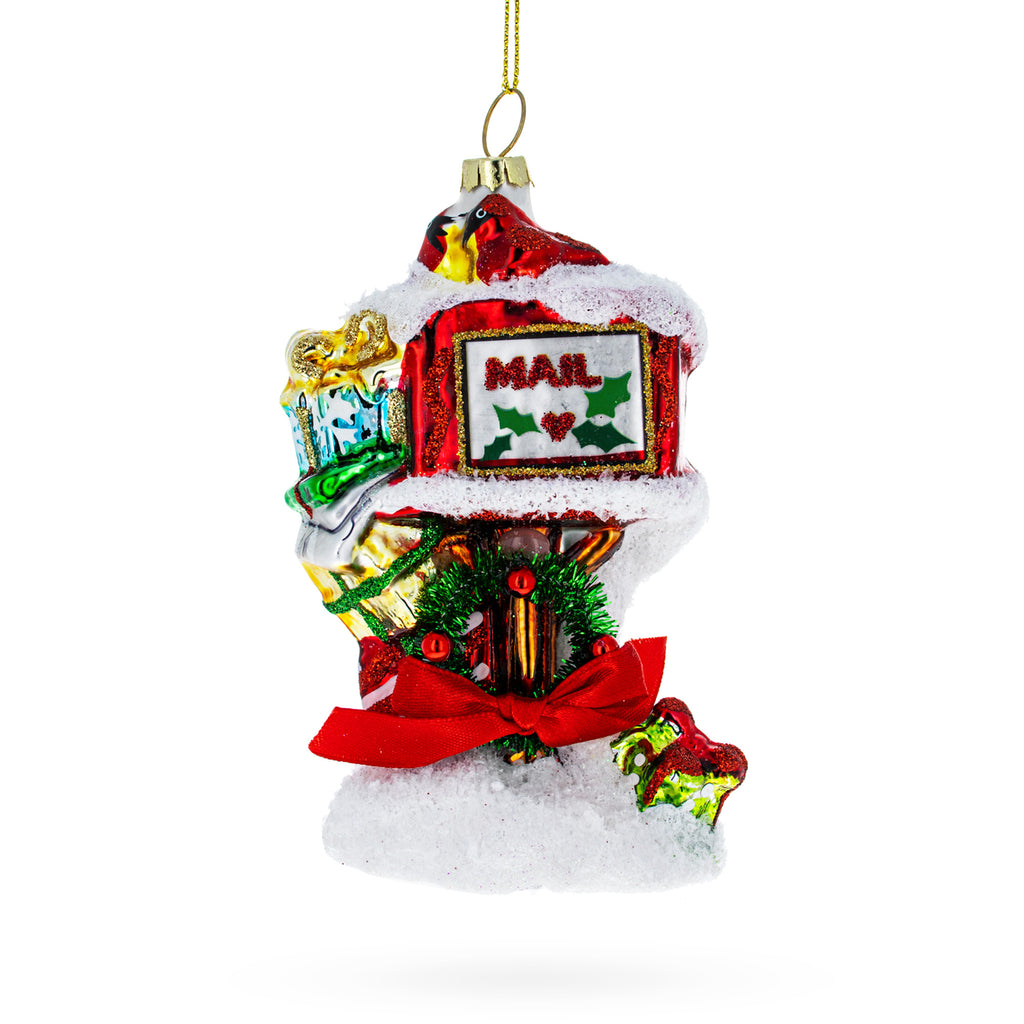 Snowy Red Mailbox Full of Gifts Glass Christmas Ornament in Red color Figurine
