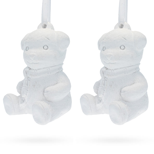Set of 2 Blank White Unfinished Unpainted Plaster Teddy Bear Ornaments 3.5 Inches in White color,  shape