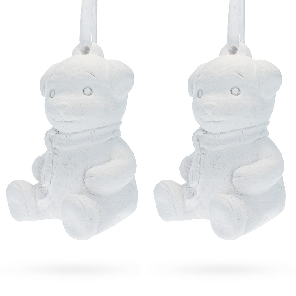 Set of 2 Blank White Unfinished Unpainted Plaster Teddy Bear Ornaments 3.5 Inches in White color