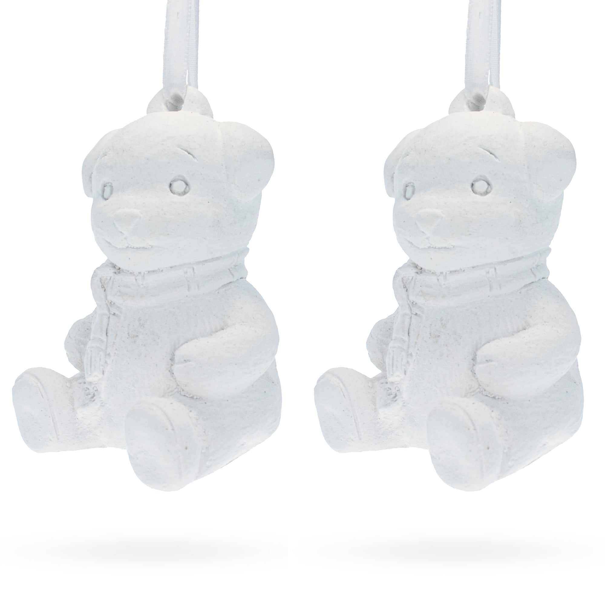 Set of 2 Blank White Unfinished Unpainted Plaster Teddy Bear Ornaments 3.5 Inches in White color