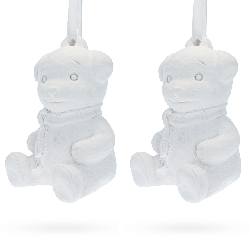 Set of 2 Blank White Unfinished Unpainted Plaster Teddy Bear Ornaments 3.5 Inches in White color