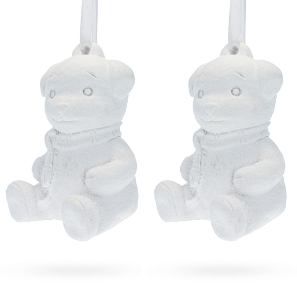 Set of 2 Blank White Unfinished Unpainted Plaster Teddy Bear Ornaments 3.5 Inches in White color,  shape