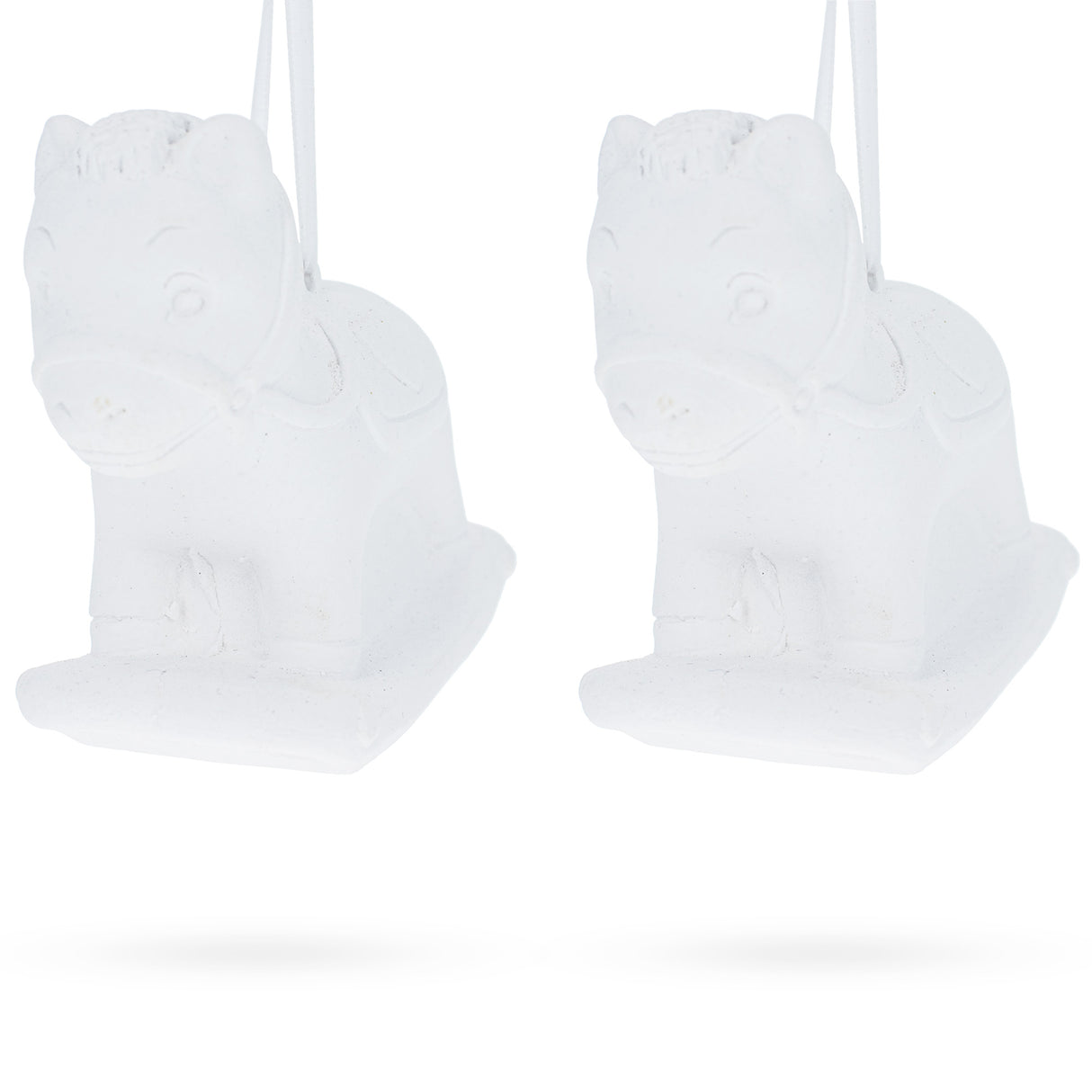 Set of 2 Unfinished Unpainted Blank White Plaster Rocking Horse Ornaments 3.5 Inches in White color,  shape